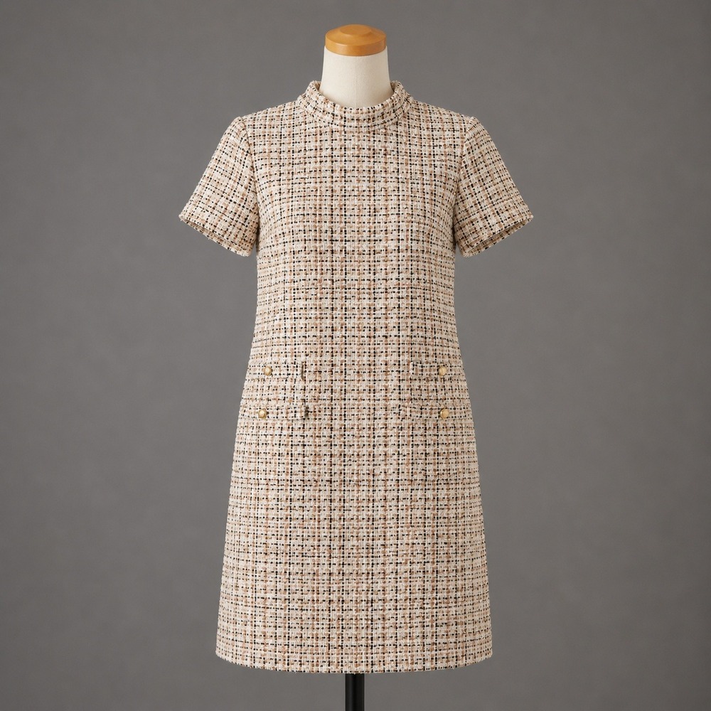 Talbots Tan Plaid Tweed Shift Dress 14 Mock Neck Preppy Office Wear Modest Chic